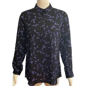 NWT Ann Taylor Black & Purple Abstract Polka Dot  Roll-Up Sleeve Blouse Sz PM